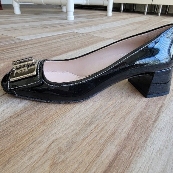 PRADA Patent Black Leather Buckle Logo Block Heel Shoes New - Picture 1 of 13